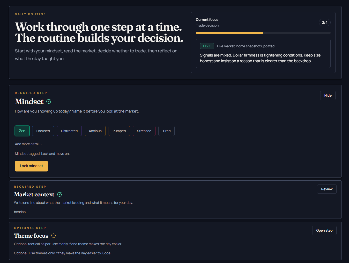 Daily Routine screen showing mindset, market context, and theme focus steps.