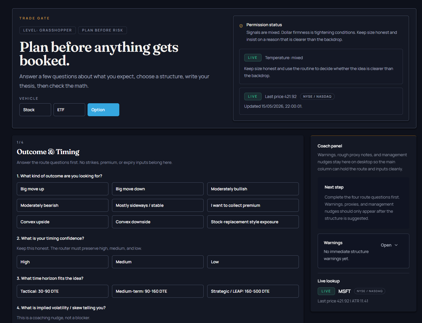Trade Gate options route screen showing outcome and timing questions with a coach panel.